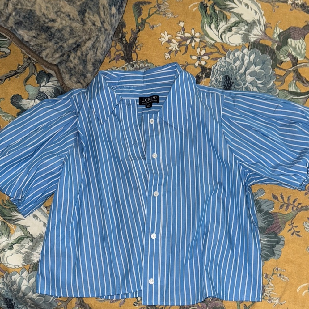 J. Crew Cropped Blue Striped Blouse